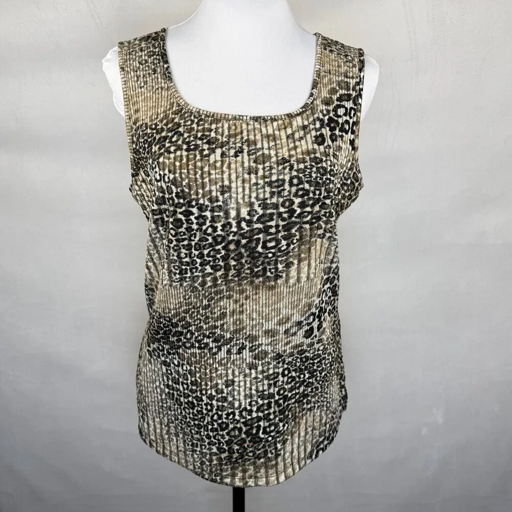 Evan-Picone Black Label Sz M Top Stretch Ribbed Beige Sparkling Animal Print - Picture 1 of 8